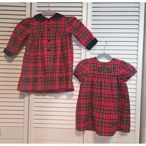 Vint Little Billy Red Plaid Holiday Dress Set Velvet Trim Floral Embroidery 24M